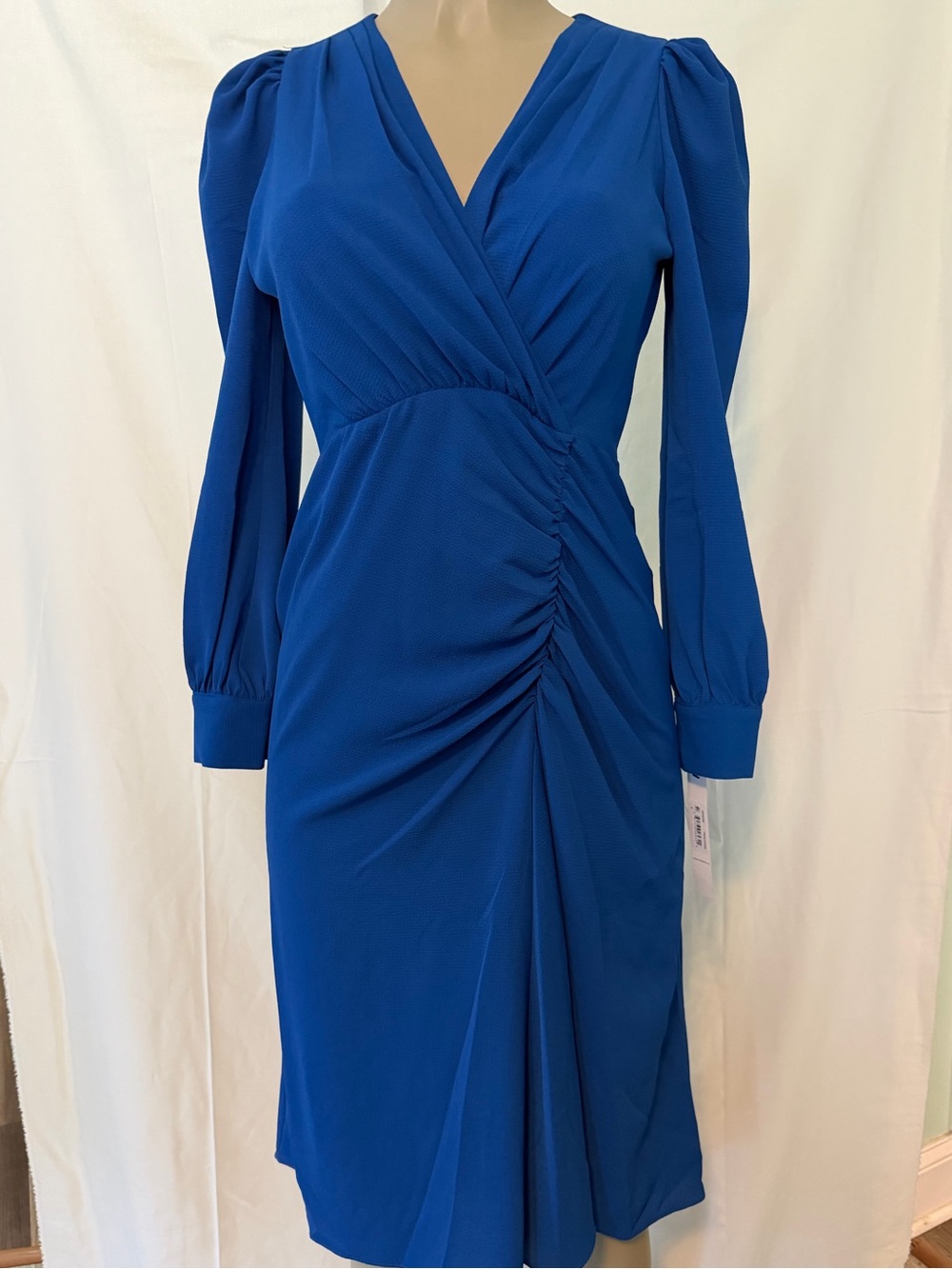 Maggy London Cobalt Blue Ruched V-Neck Long‎ Sleeve Dress